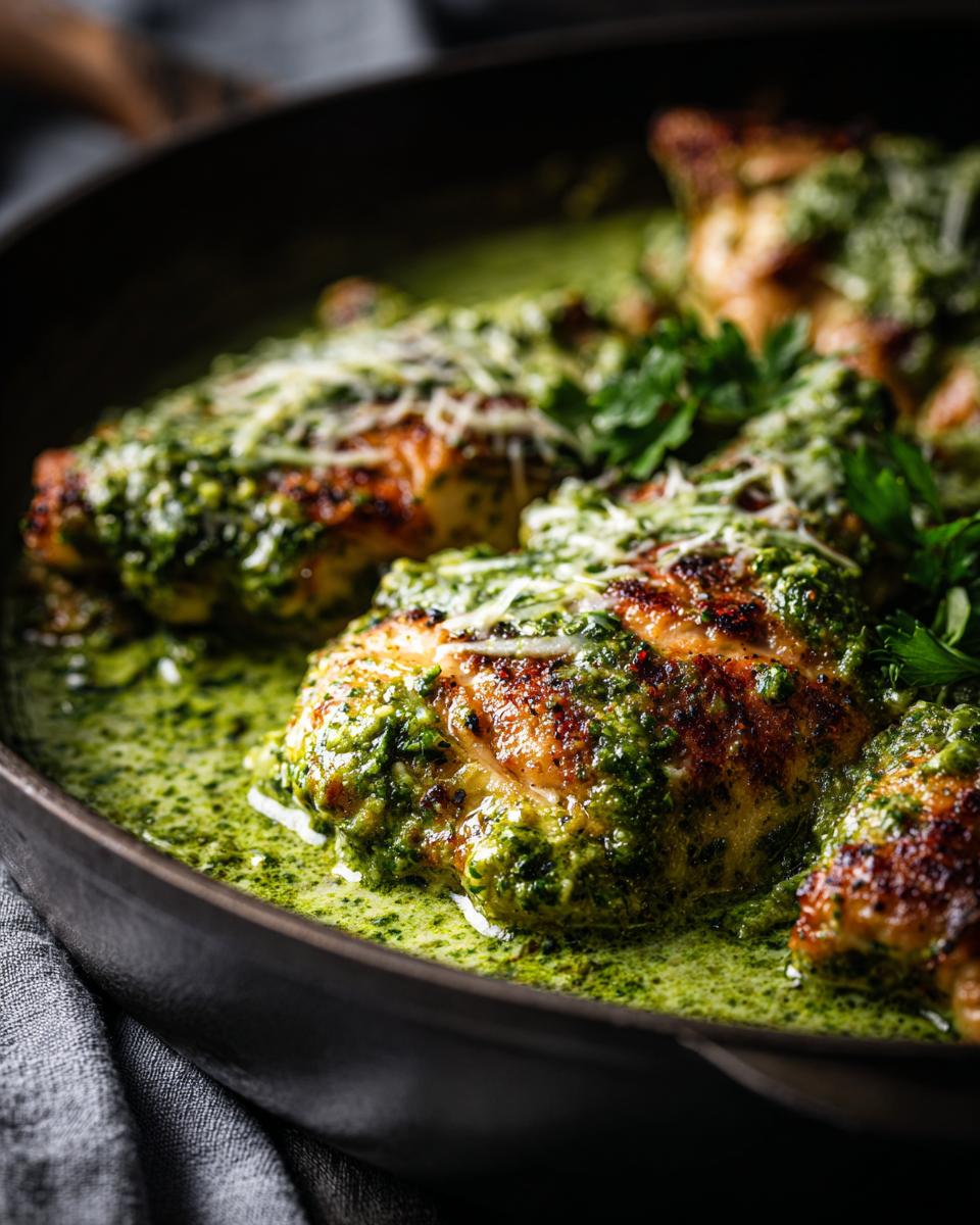 Close-up of pan-seared chicken breasts coated in creamy pesto sauce, topped with grated cheese and parsley.