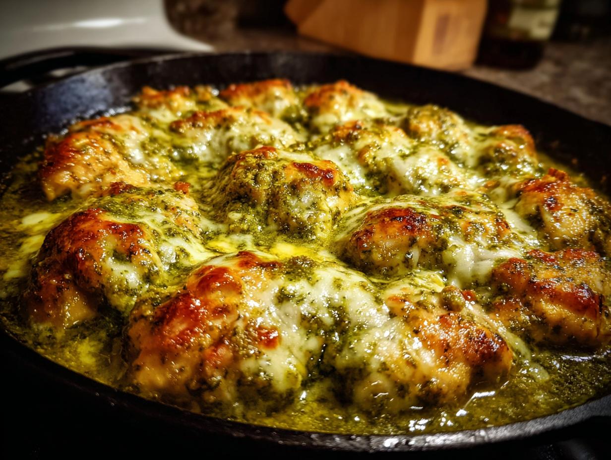 Close-up of golden-brown chicken breast pieces baked in a cast-iron skillet with melted cheese and creamy pesto sauce.