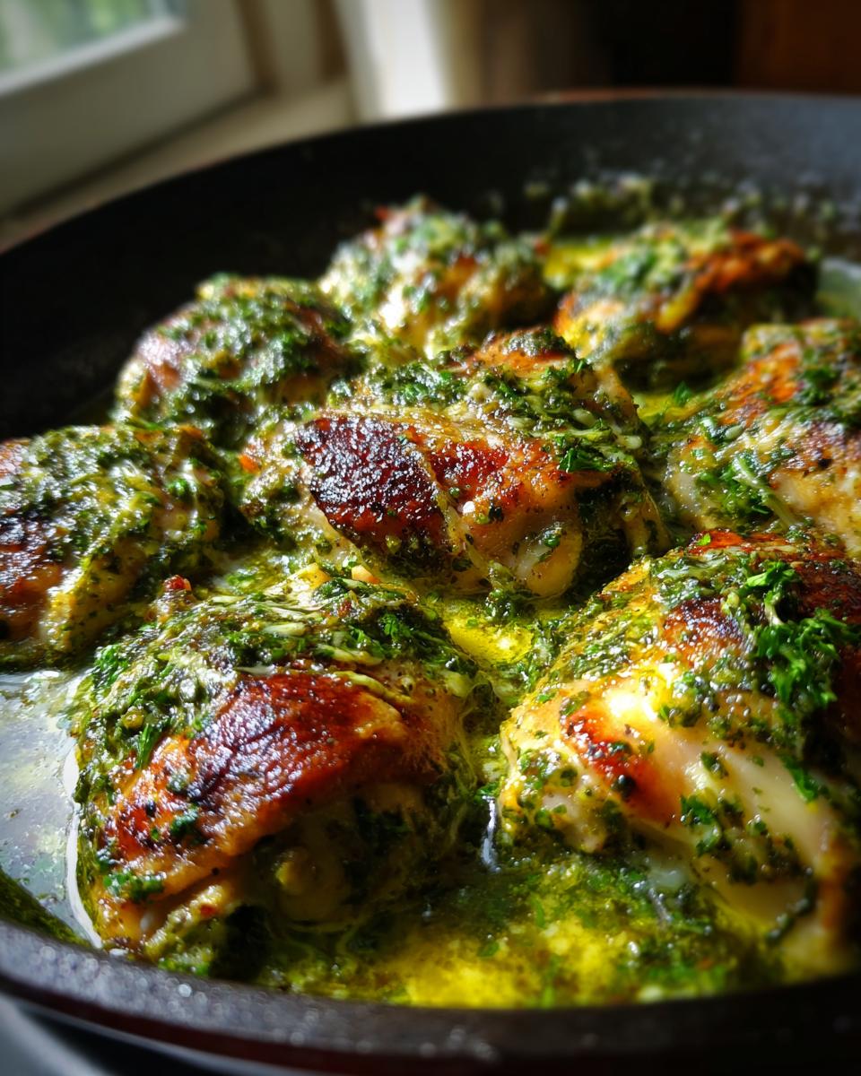 Close-up of juicy, pan-fried chicken breast pieces coated in a vibrant green creamy pesto sauce.