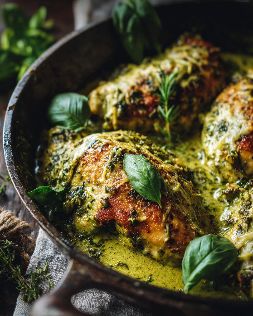 Close-up of juicy chicken breasts cooked in a creamy pesto sauce in a cast-iron skillet, garnished with fresh basil.