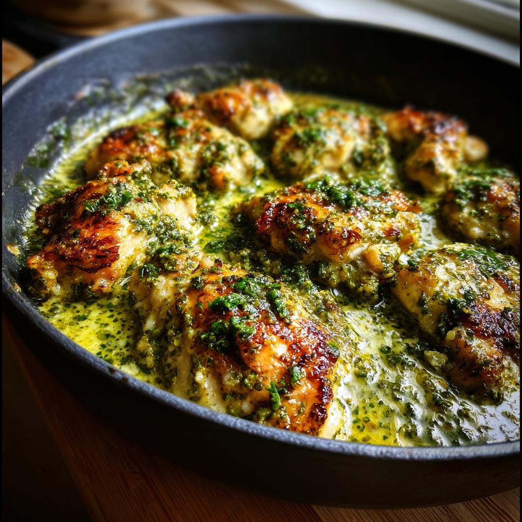 Close-up of golden-brown chicken breast pieces coated in a vibrant green creamy pesto sauce in a black skillet.