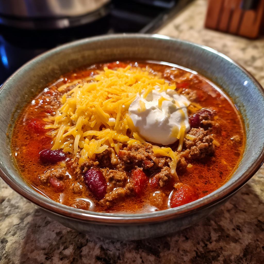 A bowl of delicious Creamy Taco Soup topped with shredded cheese and sour cream, perfect for family dinner.
