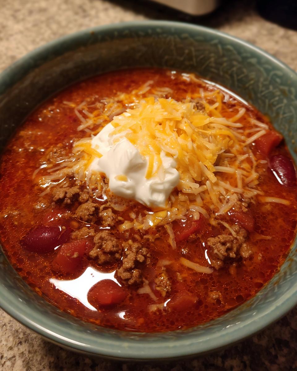 A bowl of creamy taco soup topped with sour cream and shredded cheese, perfect for family dinner.