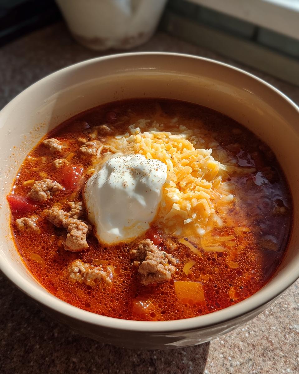 A close-up of a bowl of creamy taco soup with ground beef, topped with shredded cheese and a dollop of sour cream.