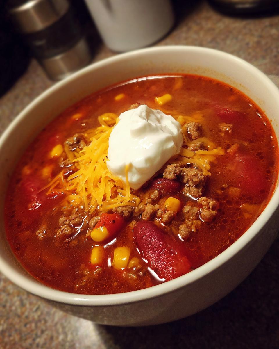 A hearty bowl of creamy taco soup with ground beef, beans, corn, and topped with shredded cheese and sour cream.