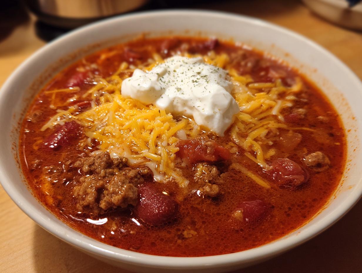 A close-up of a hearty bowl of Creamy Taco Soup, topped with shredded cheese and a dollop of sour cream.