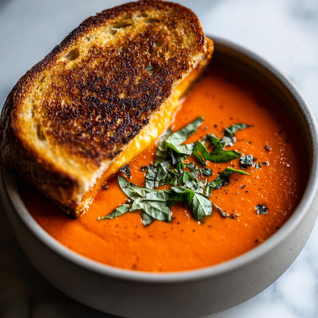 A bowl of creamy tomato basil soup topped with fresh basil and a golden-brown grilled cheese sandwich.