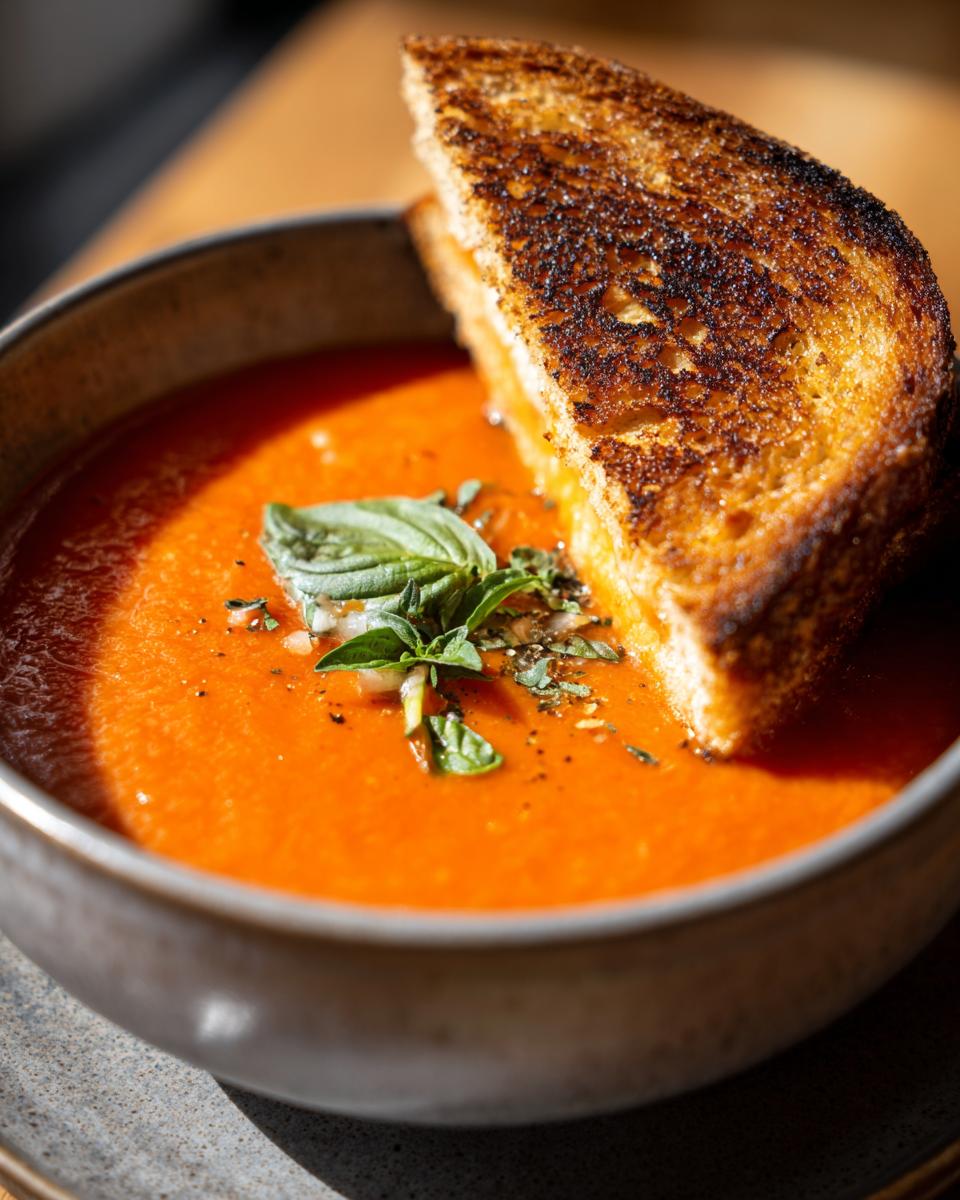 A bowl of creamy tomato basil soup topped with fresh basil and a golden brown grilled cheese sandwich.