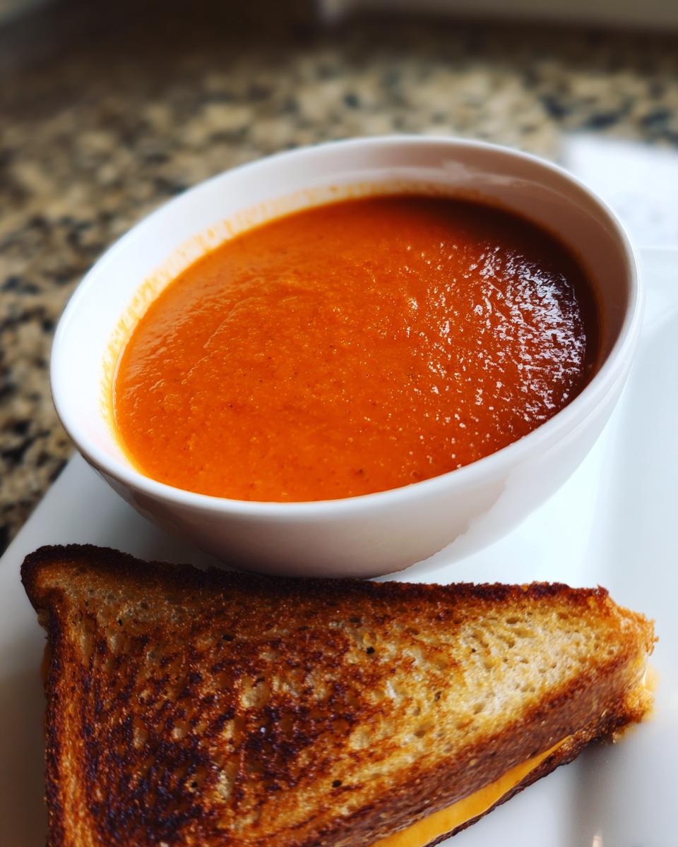 A bowl of creamy tomato basil soup next to a golden-brown grilled cheese sandwich, perfect for soup recipes.
