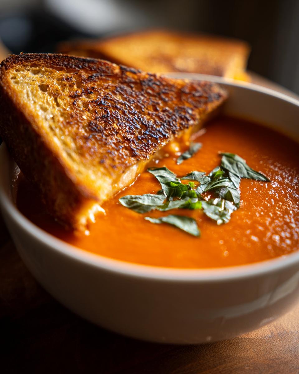 A bowl of creamy tomato basil soup topped with fresh basil, served with a golden-brown grilled cheese sandwich.
