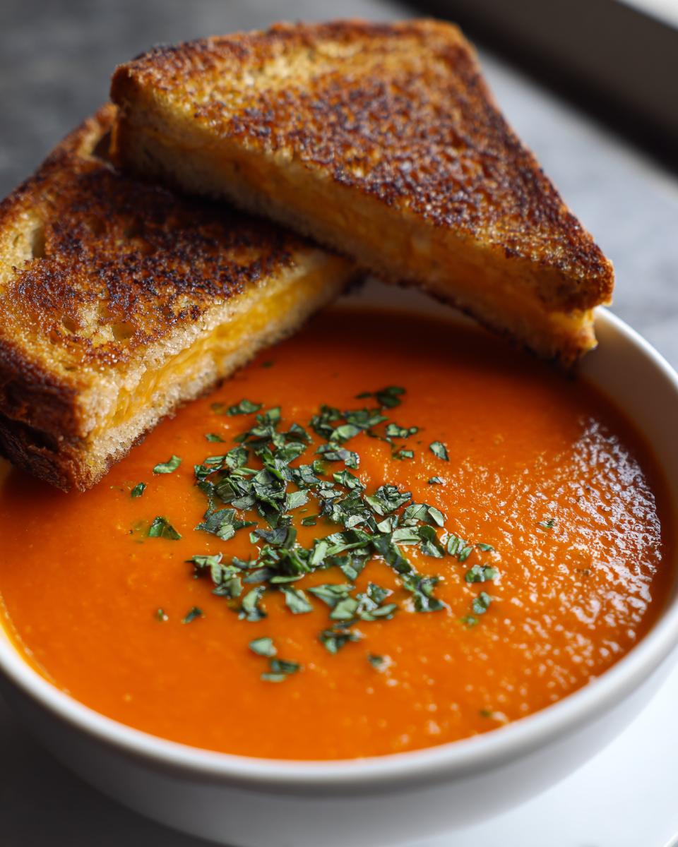 A bowl of creamy tomato basil soup topped with fresh herbs, served with a grilled cheese sandwich.