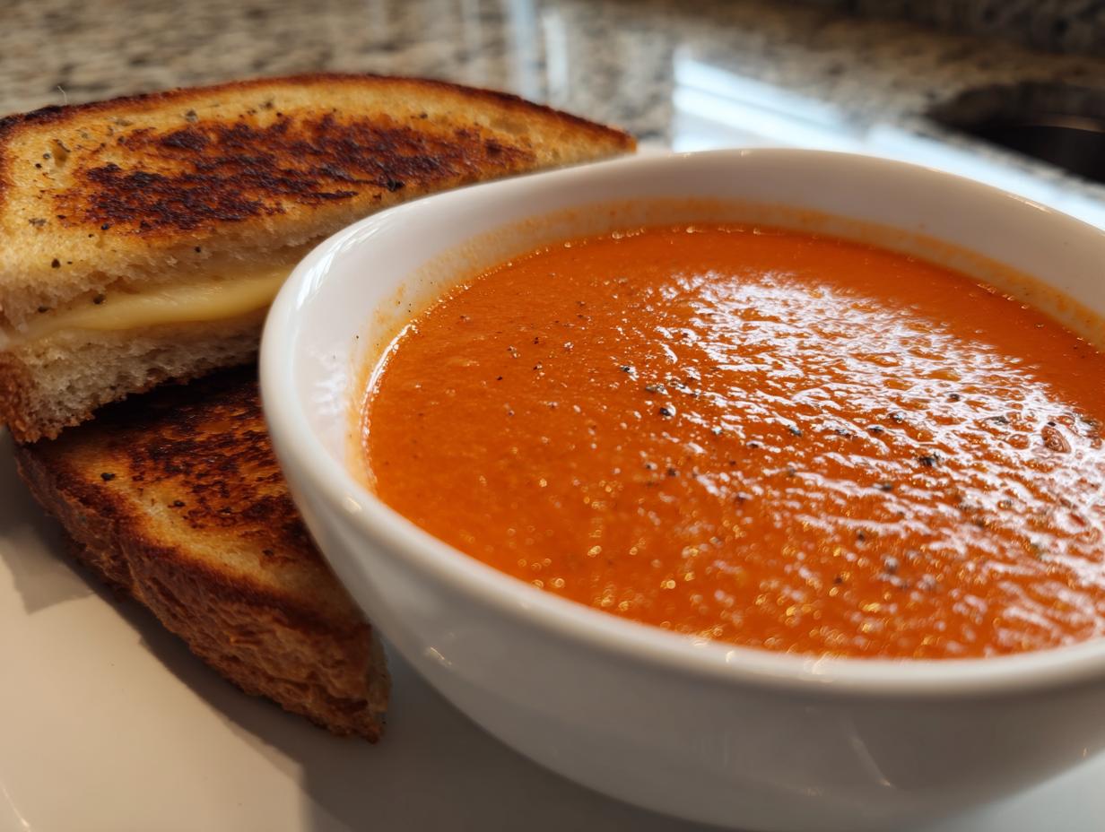 A bowl of creamy tomato basil soup next to a perfectly grilled cheese sandwich, ideal for soup recipes.