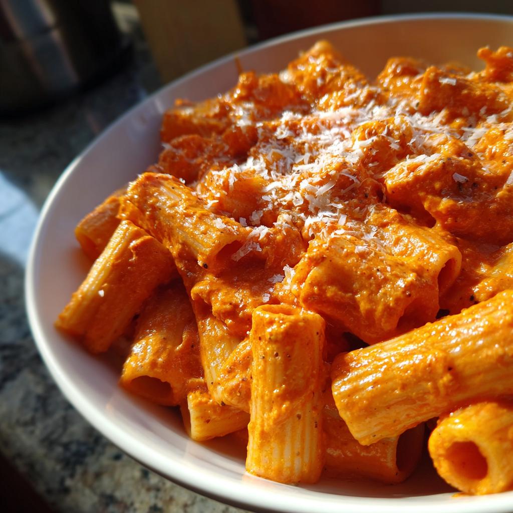 A close-up of creamy tomato rigatoni pasta, topped with grated Parmesan cheese.