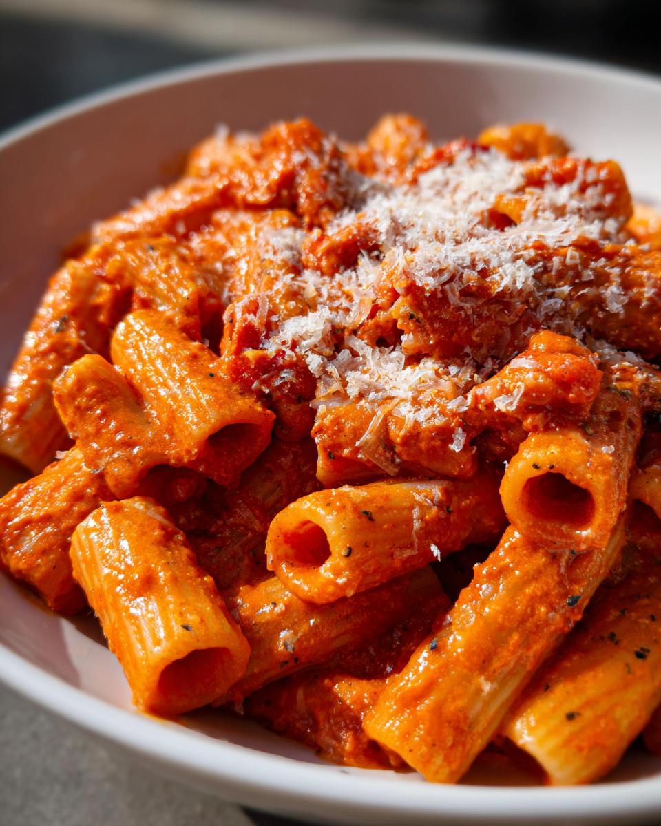 A close-up of a bowl of rigatoni pasta coated in a rich, creamy tomato sauce and topped with grated Parmesan cheese.