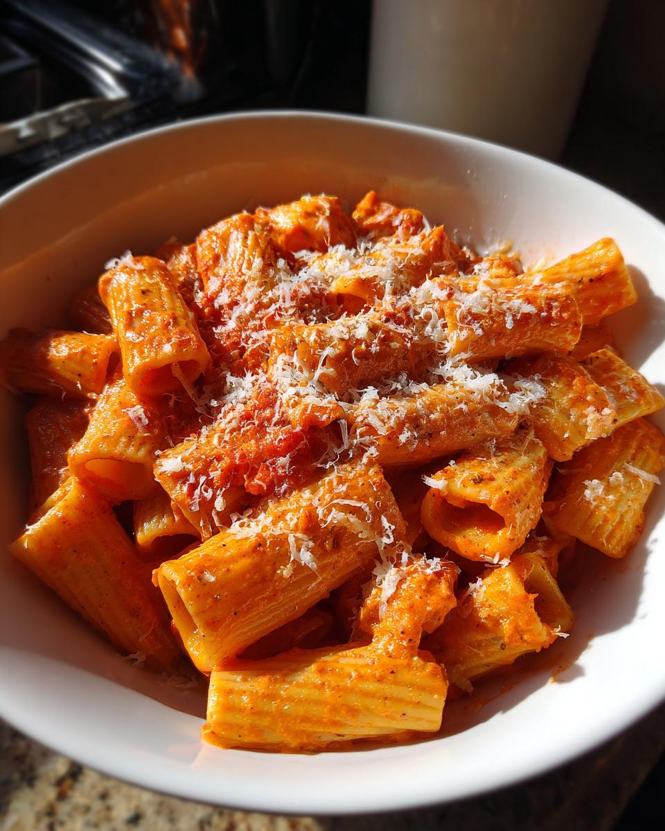 A close-up of creamy tomato rigatoni pasta in a white bowl, topped with grated Parmesan cheese.