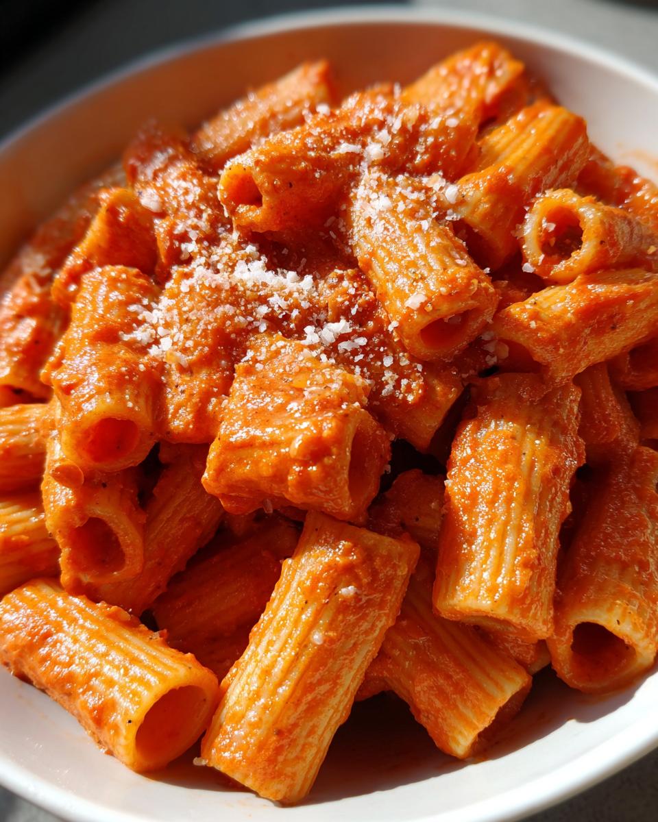 Close-up of creamy tomato rigatoni pasta in a white bowl, sprinkled with grated cheese.