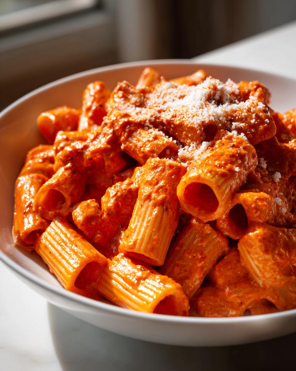 A close-up shot of creamy tomato rigatoni pasta, sprinkled with grated cheese, in a white bowl.