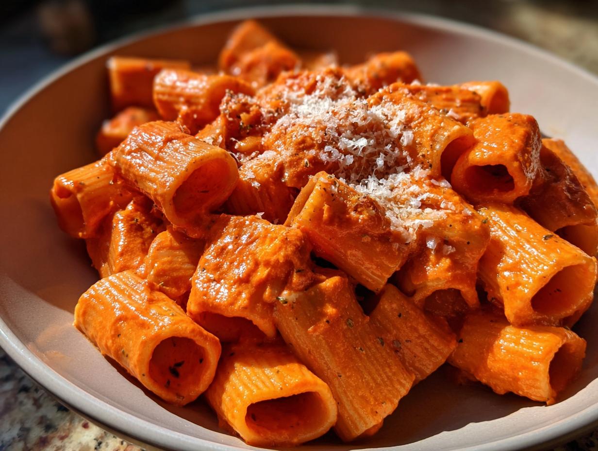 A close-up of a bowl of rigatoni pasta coated in a rich, creamy tomato sauce, topped with grated Parmesan cheese.