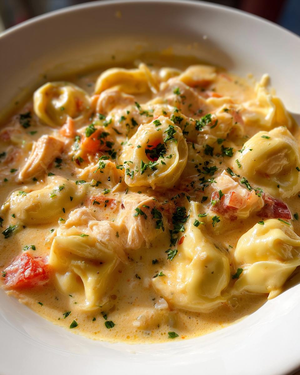 A close-up bowl of creamy tortellini soup with chicken and chopped tomatoes, garnished with parsley.