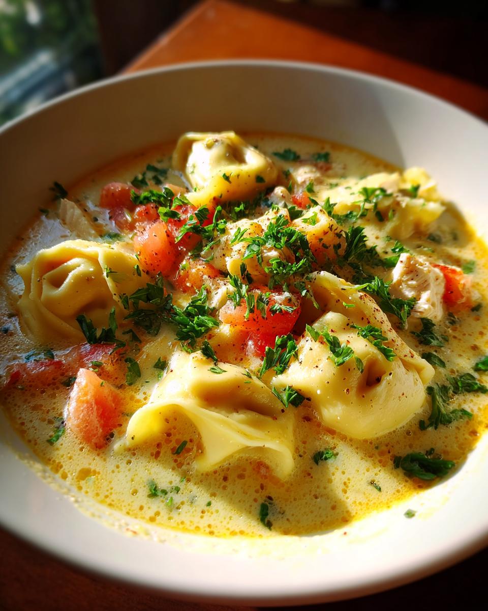 A close-up of a bowl of creamy tortellini soup with tomatoes and parsley, perfect for slow cooker recipes.