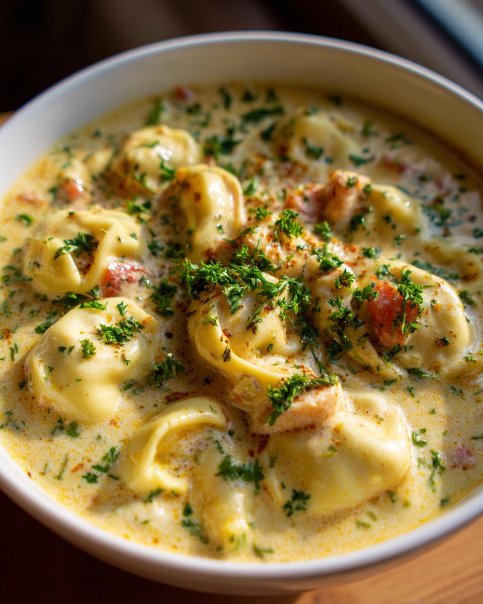 A close-up of a white bowl filled with creamy tortellini soup, garnished with fresh parsley.