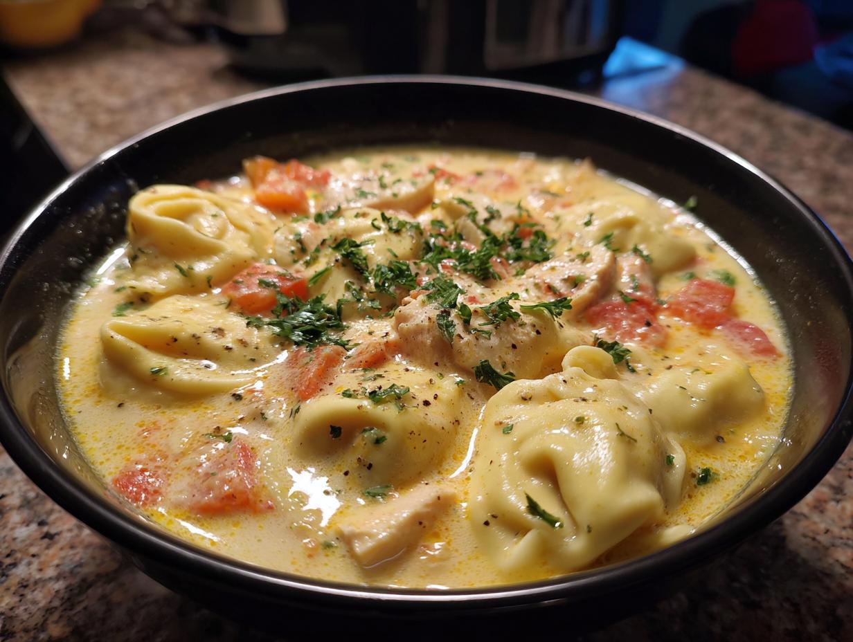 A close-up of a black bowl filled with creamy tortellini soup, featuring cheese tortellini, diced tomatoes, and chicken, garnished with parsley.
