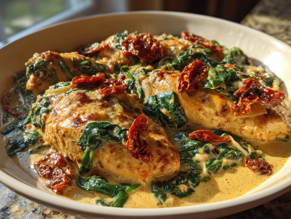 Close-up of pan-seared chicken breasts in a creamy Tuscan sauce with spinach and sun-dried tomatoes.