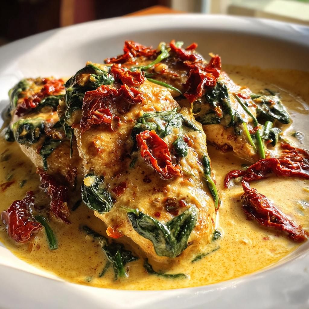 Close-up of Creamy Tuscan Chicken with spinach and sun-dried tomatoes, perfect for easy dinner recipes.