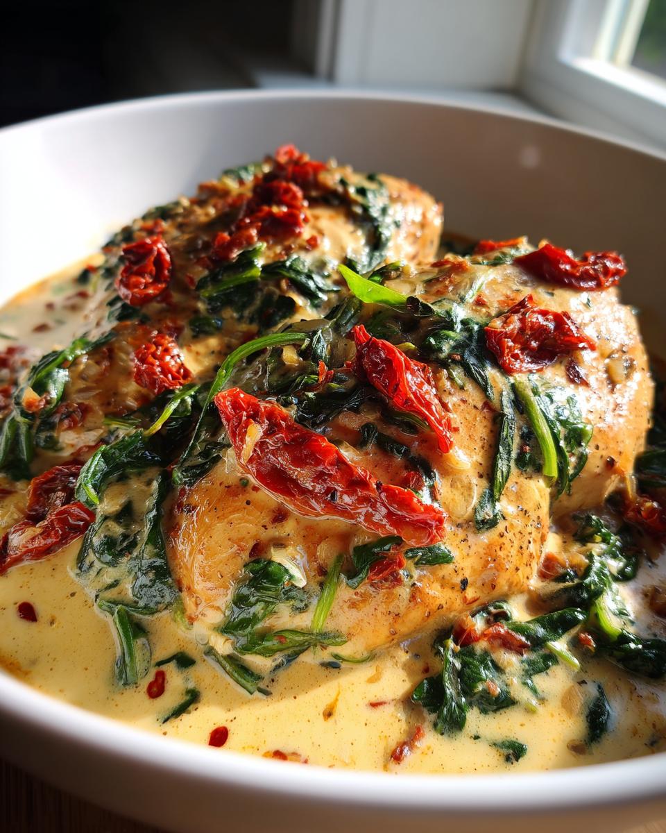 Close-up of succulent chicken breasts in a creamy Tuscan sauce with spinach and sun-dried tomatoes, perfect for easy dinner recipes.