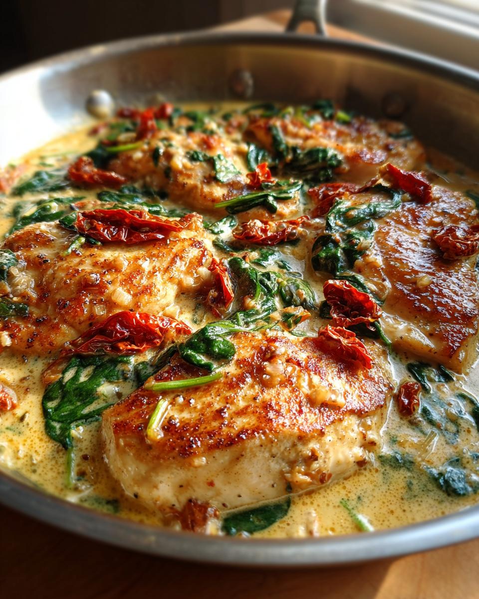 Close-up of pan-seared chicken breasts in a creamy Tuscan sauce with spinach and sun-dried tomatoes.