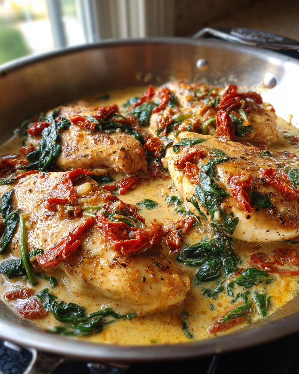 Close-up of Creamy Tuscan Chicken with sun-dried tomatoes and spinach in a skillet.