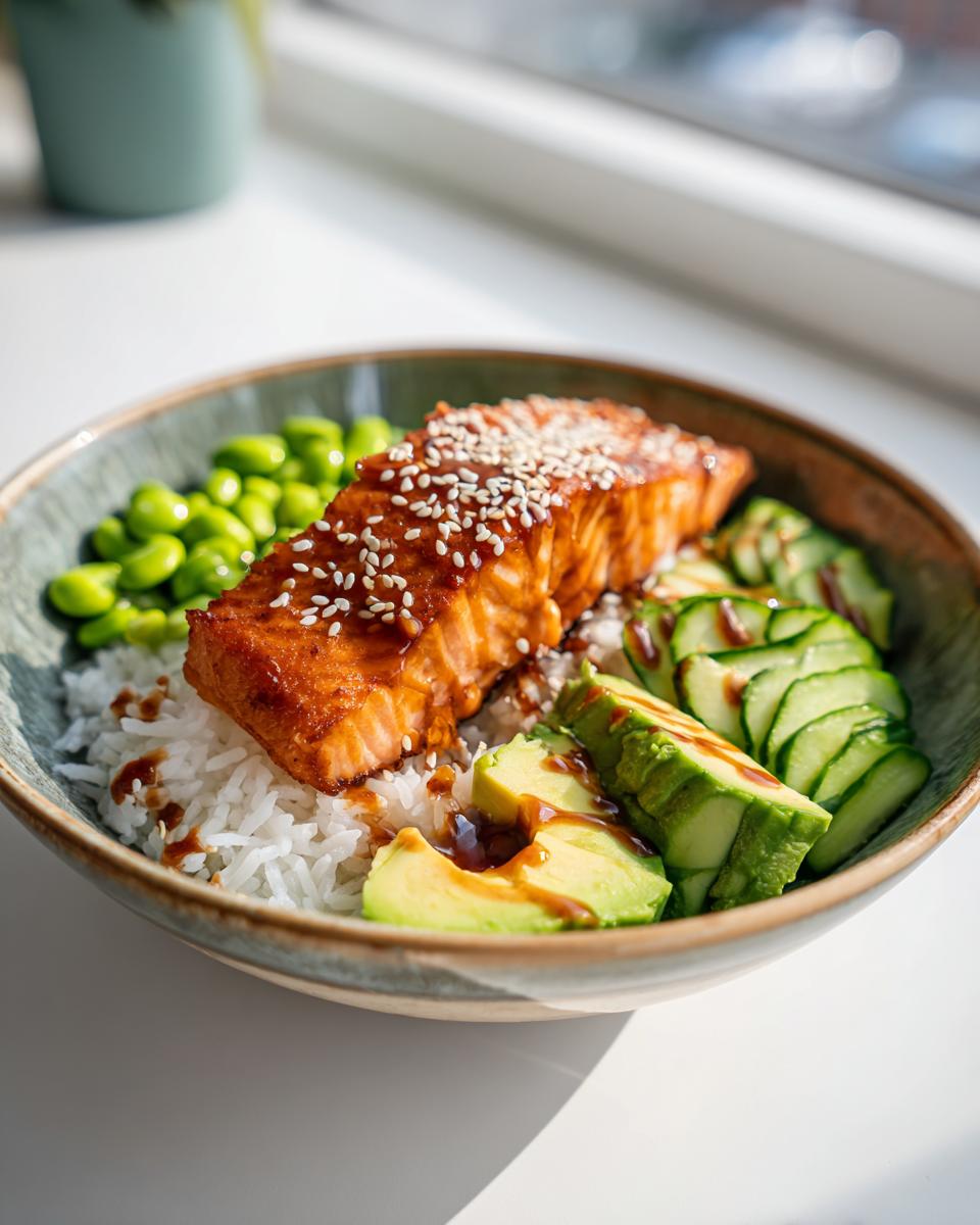 A close-up of a Crispy Salmon and Rice Bowl featuring a glazed salmon fillet, white rice, sliced avocado, edamame, and cucumber.