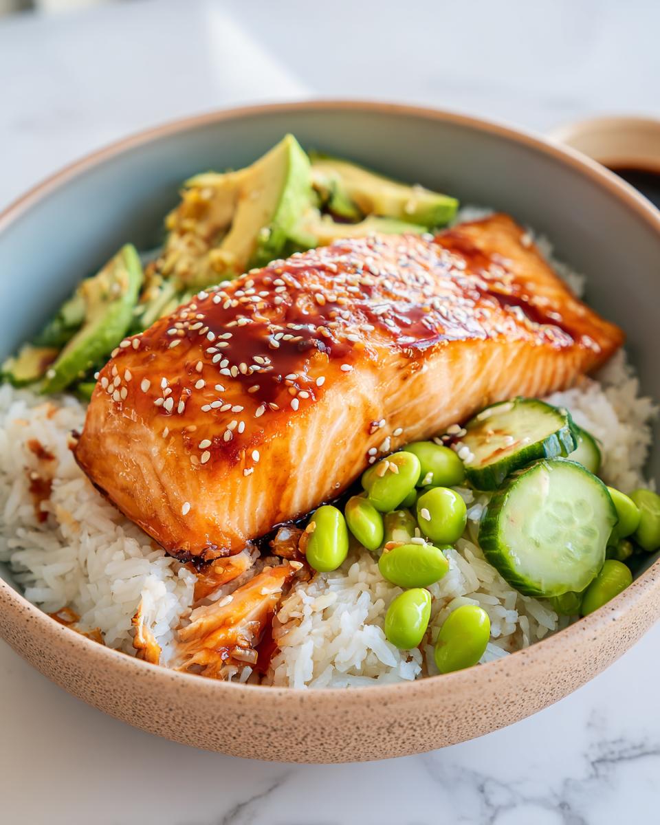 A close-up of a Crispy Salmon and Rice Bowl, featuring a glazed salmon fillet on white rice with sliced avocado, edamame, and cucumber.