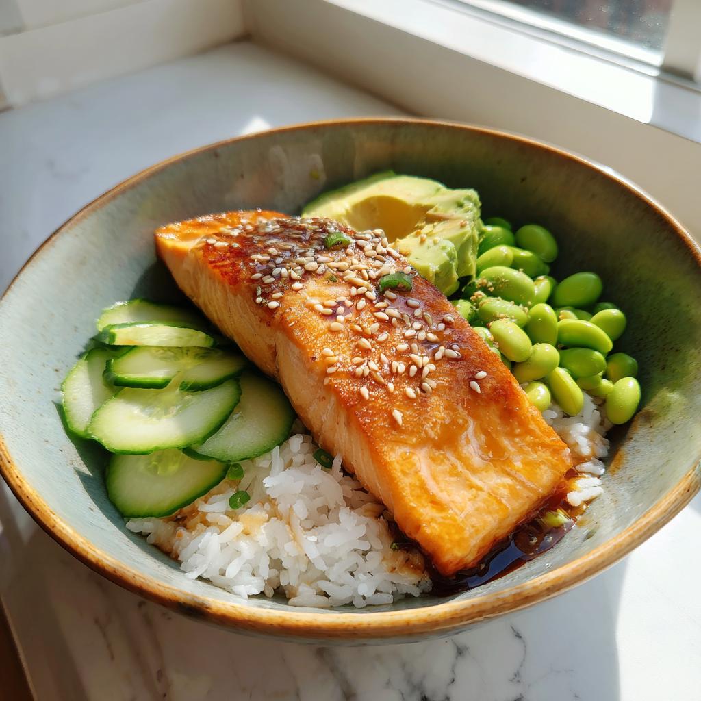 A delicious Crispy Salmon and Rice Bowl featuring a glazed salmon fillet, white rice, sliced cucumber, edamame, and avocado.