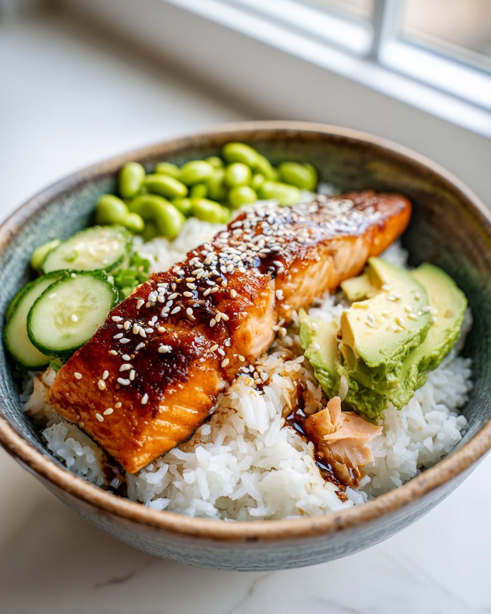 A delicious Crispy Salmon and Rice Bowl featuring flaky salmon, white rice, sliced avocado, edamame, and cucumber.