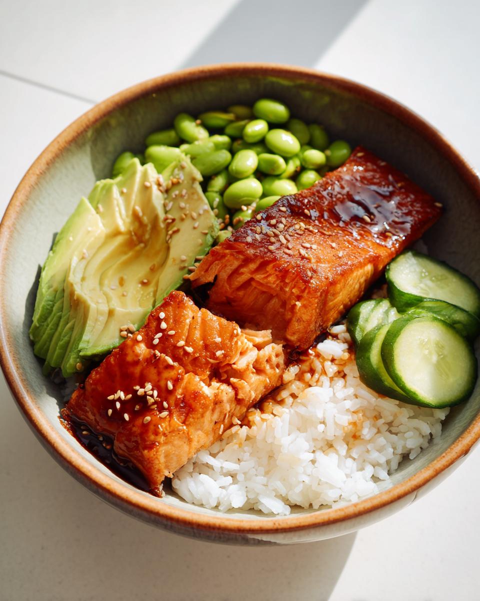 A delicious Crispy Salmon and Rice Bowl featuring glazed salmon, white rice, sliced avocado, edamame, and cucumber.