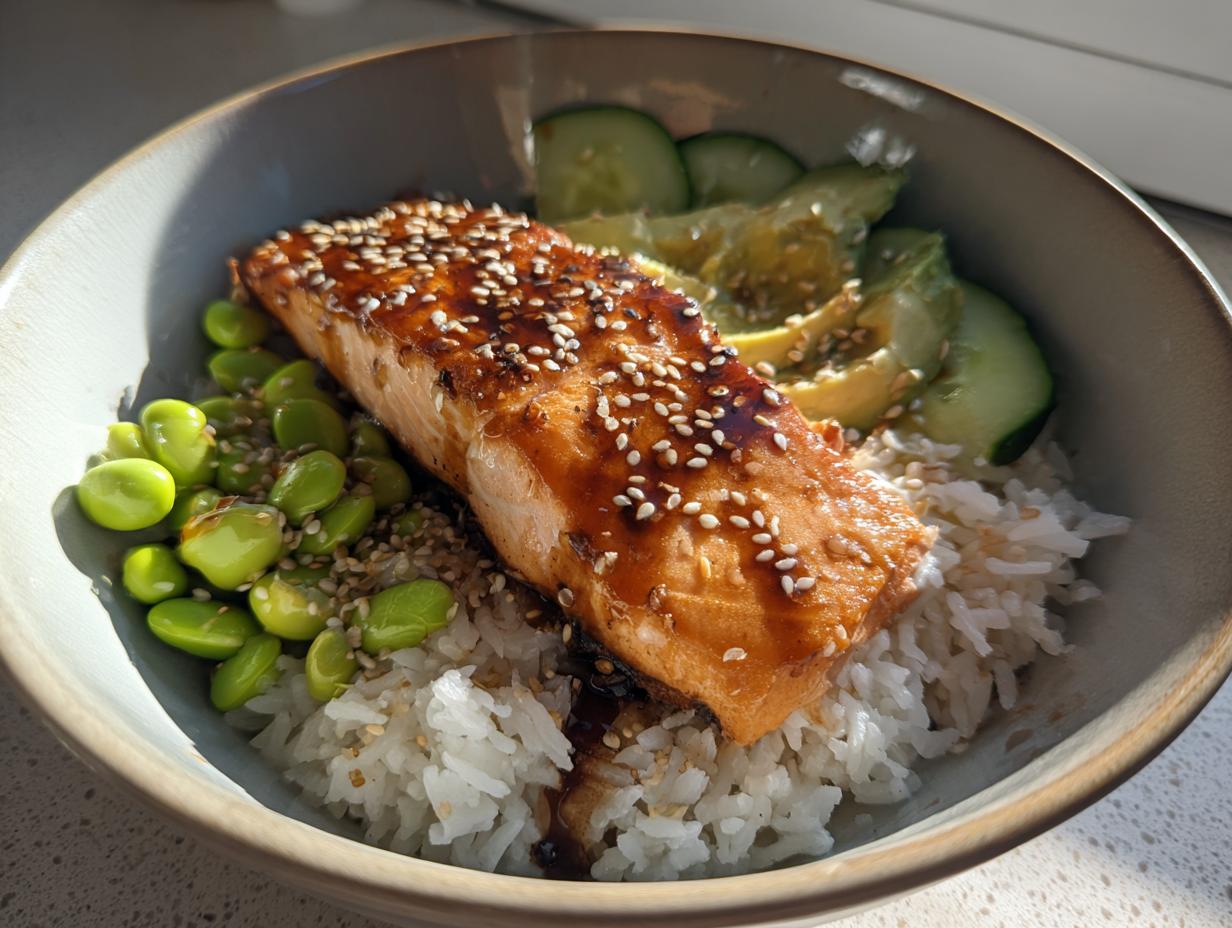 A delicious Crispy Salmon and Rice Bowl featuring a glazed salmon fillet, white rice, edamame, sliced avocado, and cucumber.