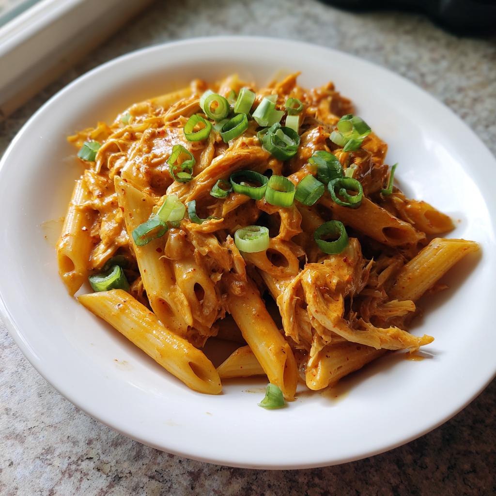 A close-up of Crock Pot Creamy Cajun Chicken Pasta served in a white bowl, topped with chopped green onions.