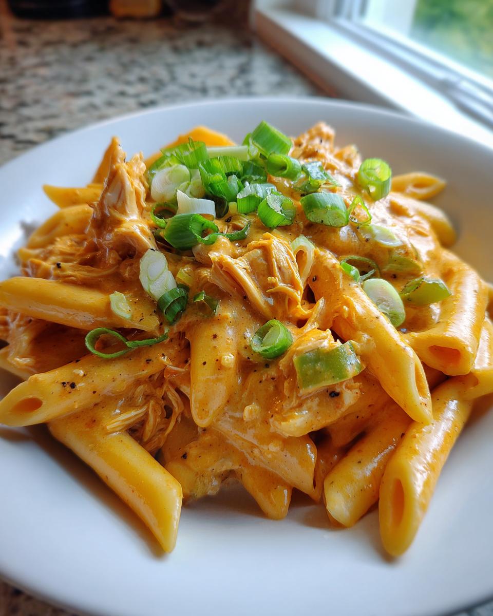 A close-up of Crock Pot Creamy Cajun Chicken Pasta, featuring penne pasta coated in a rich, orange sauce with shredded chicken and green onions.