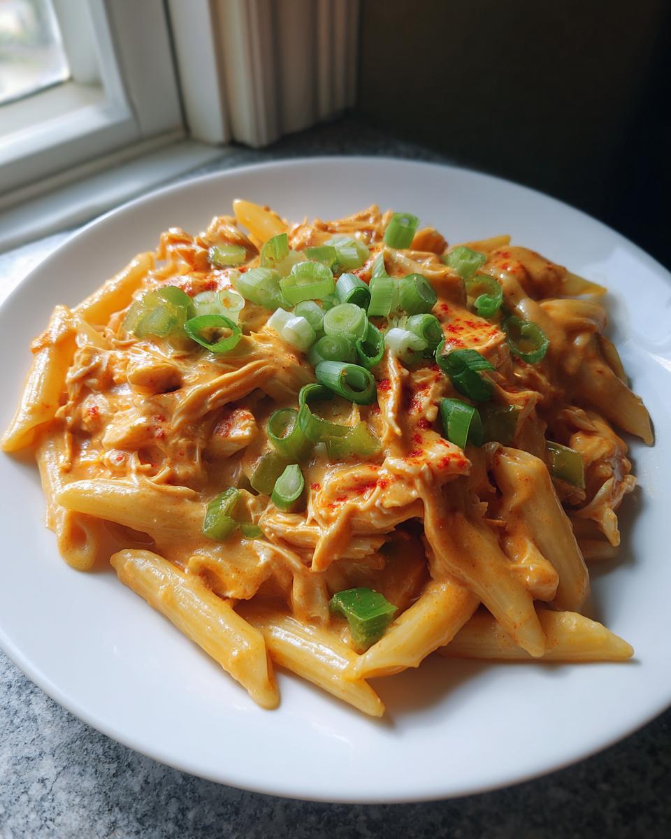 A white plate filled with Crock Pot Creamy Cajun Chicken Pasta, garnished with green onions and paprika.