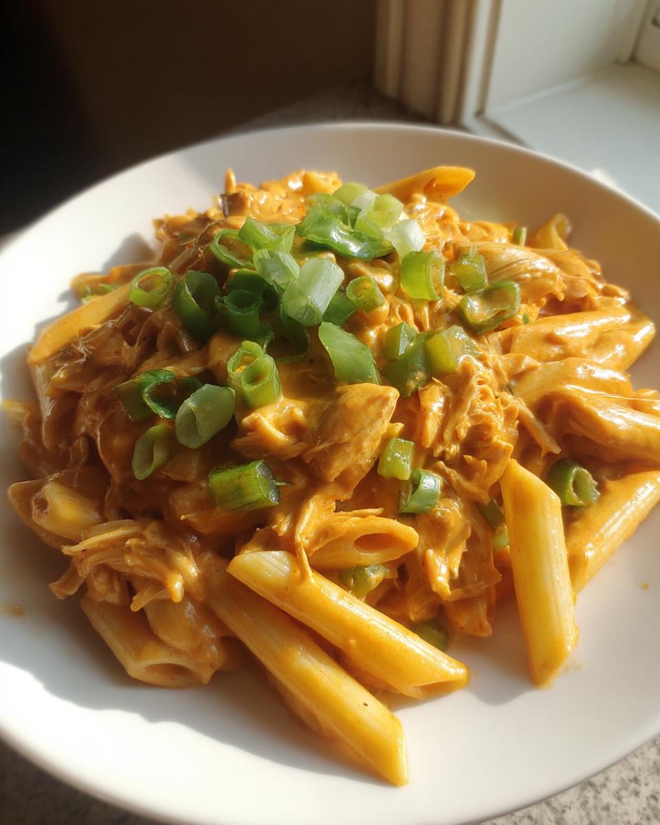 A bowl of Crock Pot Creamy Cajun Chicken Pasta topped with chopped green onions.