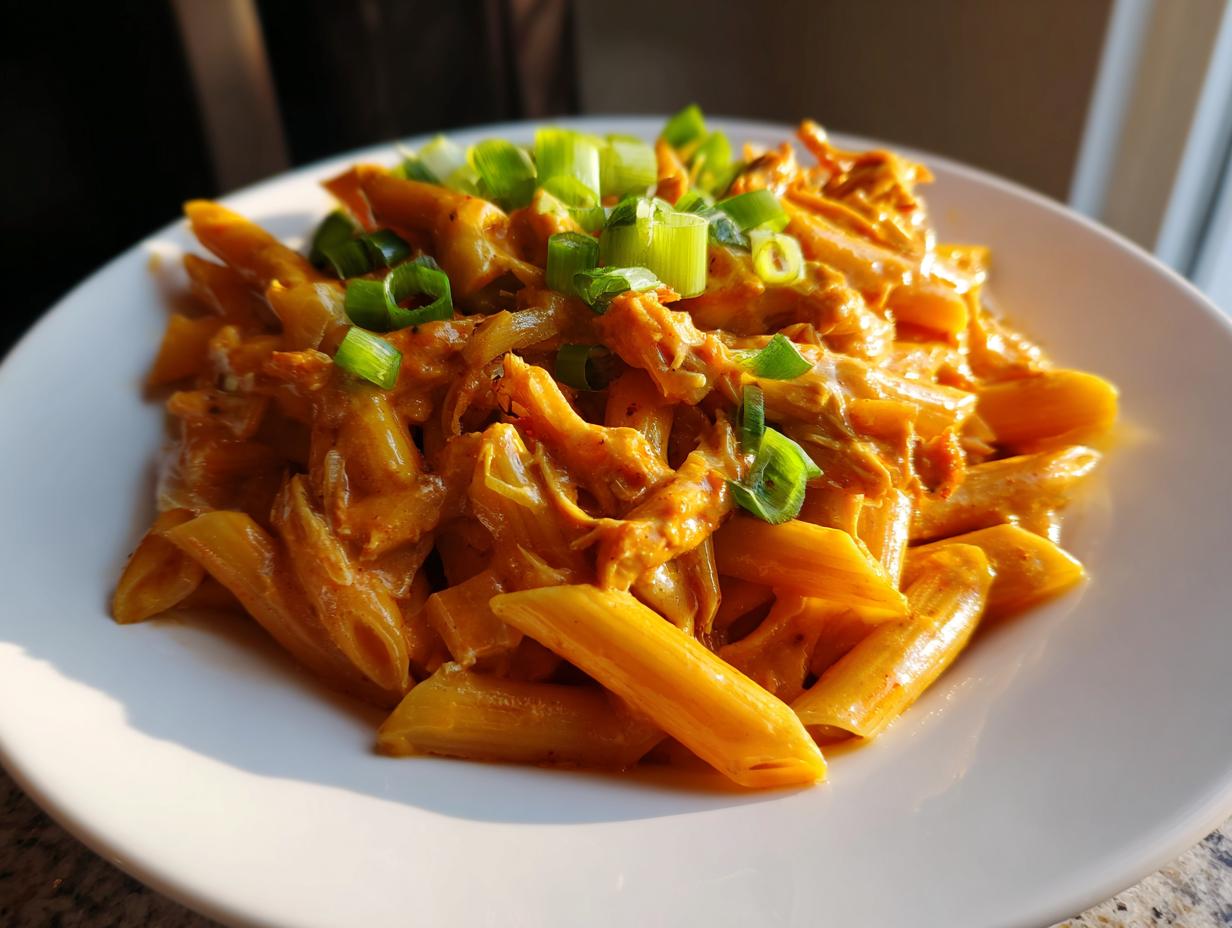 A close-up of Crock Pot Creamy Cajun Chicken Pasta served on a white plate and garnished with chopped green onions.