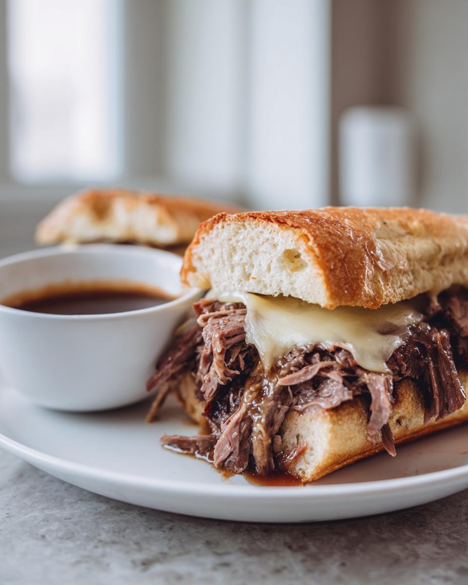 A delicious Crockpot French Dip Sandwich overflowing with tender shredded beef and melted cheese, served with a side of au jus.