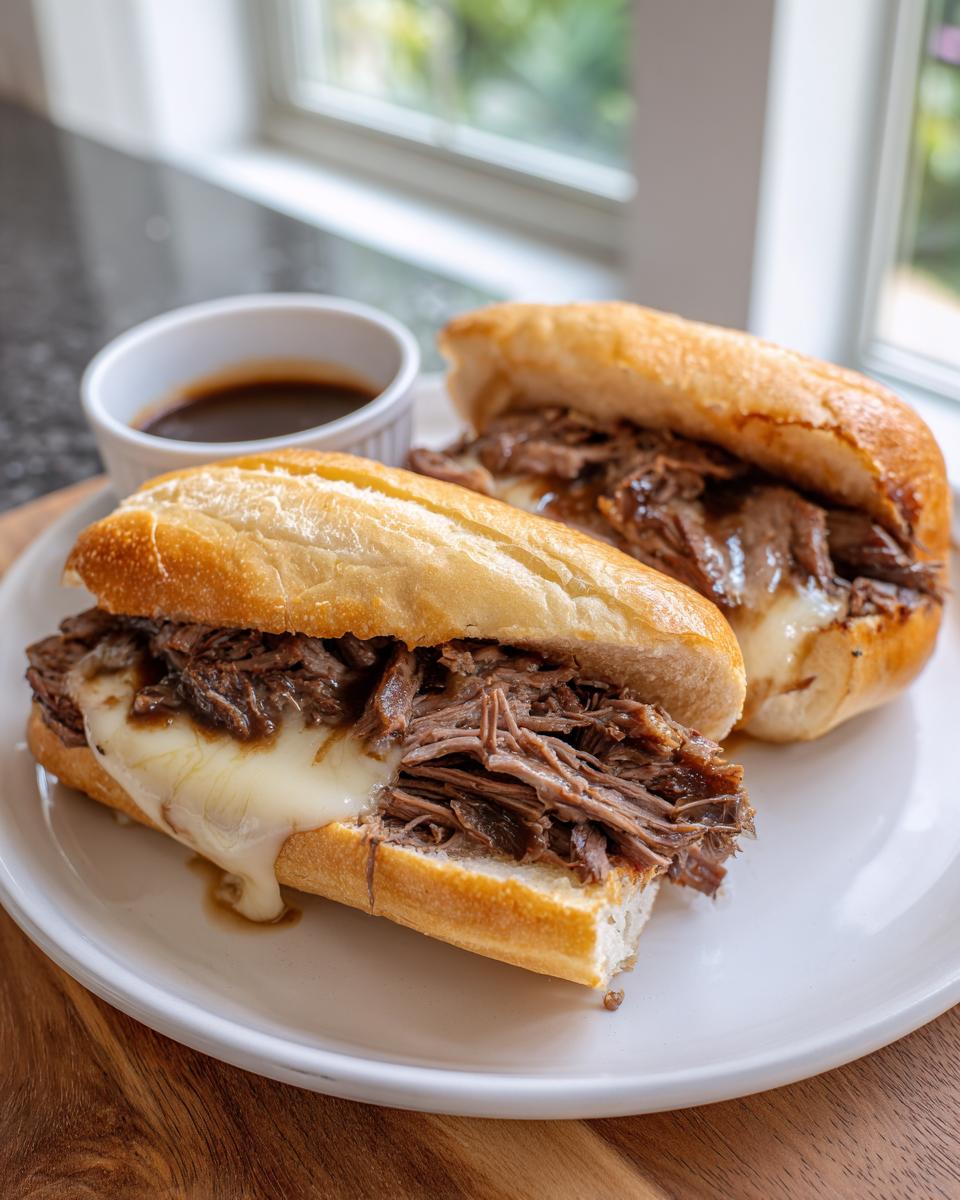 Two Crockpot French Dip Sandwiches overflowing with shredded beef and melted cheese, served with a side of au jus.