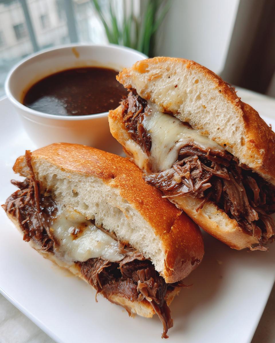 Two halves of a Crockpot French Dip Sandwich filled with shredded beef and melted cheese, served with a side of au jus.