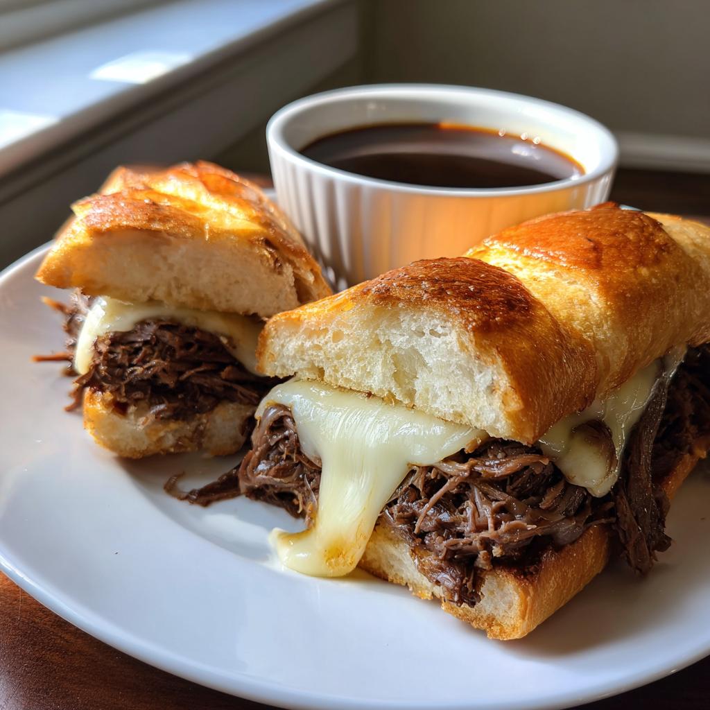 Two halves of a Crockpot French Dip Sandwich overflowing with shredded beef and melted cheese, with a side of au jus.