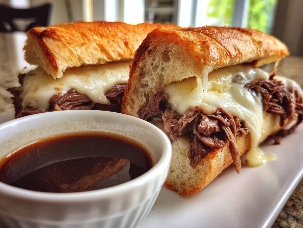 Close-up of a Crockpot French Dip Sandwich with melted cheese oozing over tender shredded beef on a toasted roll, served with au jus.