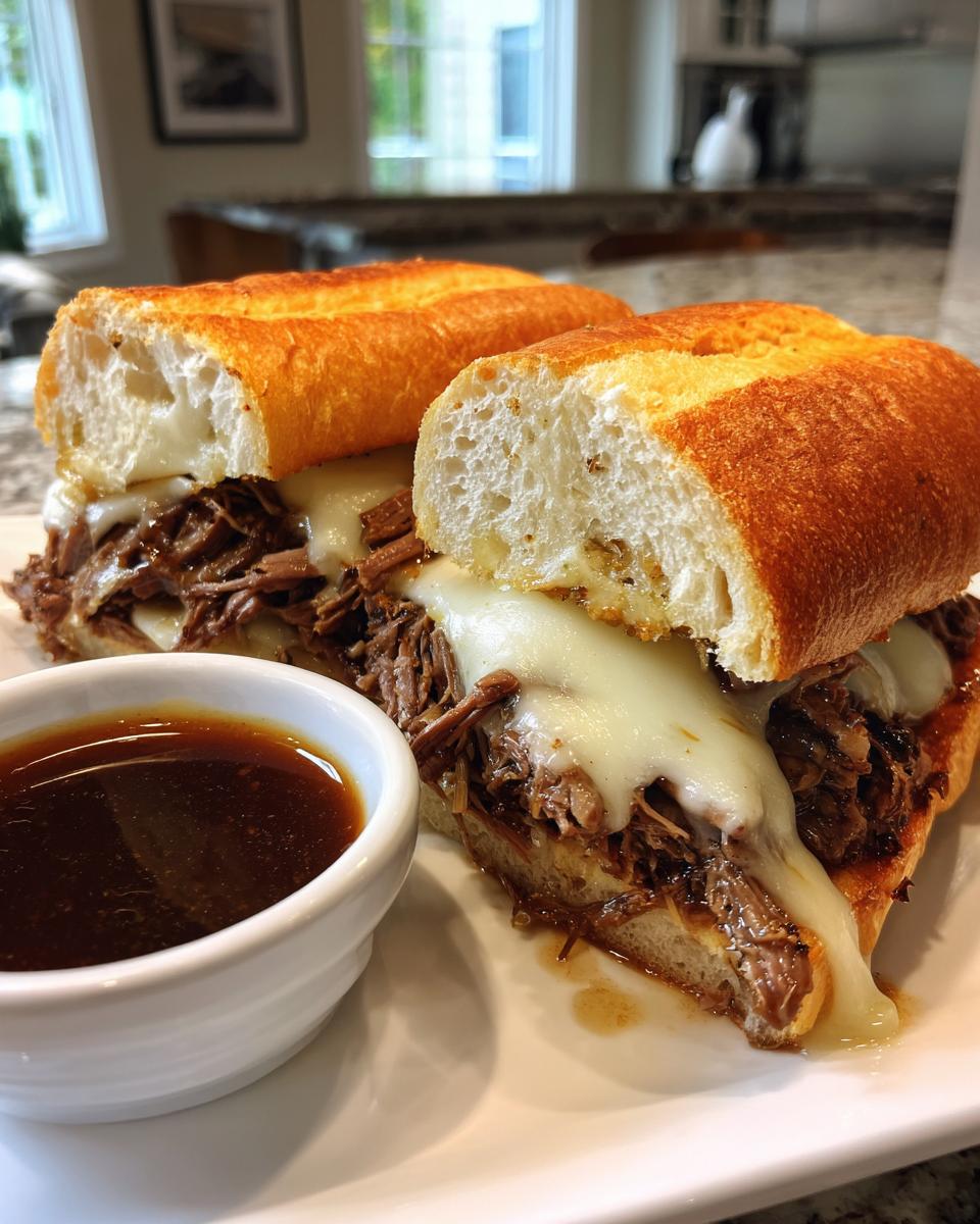 Close-up of a Crockpot French Dip Sandwich with melted cheese and a side of au jus.