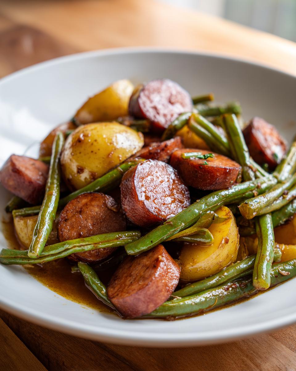 Close-up of a white bowl filled with Crockpot Kielbasa and Green Beans, featuring sliced kielbasa, small potatoes, and bright green beans in a savory sauce.