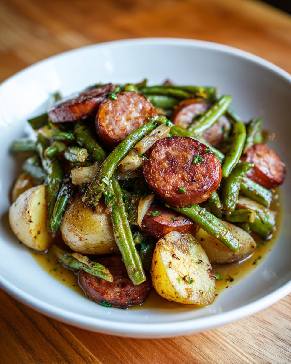 A close-up of a white bowl filled with Crockpot Kielbasa and Green Beans, featuring sliced kielbasa, tender green beans, and potato wedges in a savory sauce.